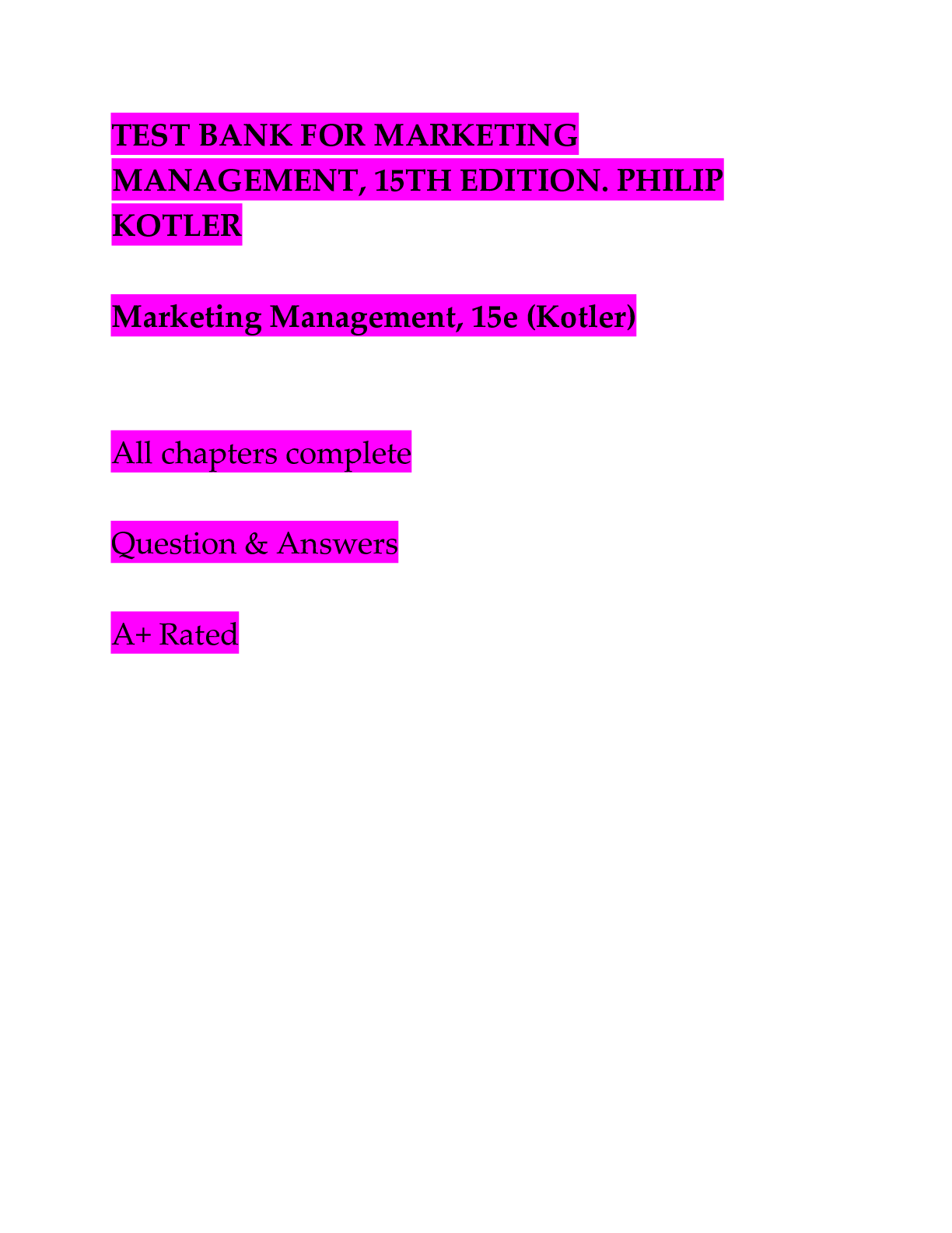 Preview image for TEST BANK FOR MARKETING MANAGEMENT, 15TH EDITION BY PHILIP KOTLER (Updated version, 2020/2021)